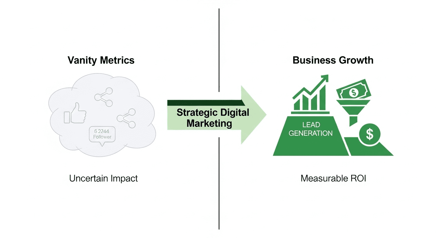 A diagram contrasting 'Vanity Metrics' (likes, shares) with 'Business Growth' (leads, sales, ROI), showing how strategic digital marketing bridges the gap between them.