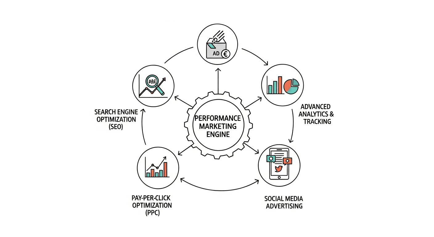 A diagram showing the core components of a Performance Marketing Engine: SEO, PPC Ads, Advanced Analytics, and Social Media Advertising, all interconnected.