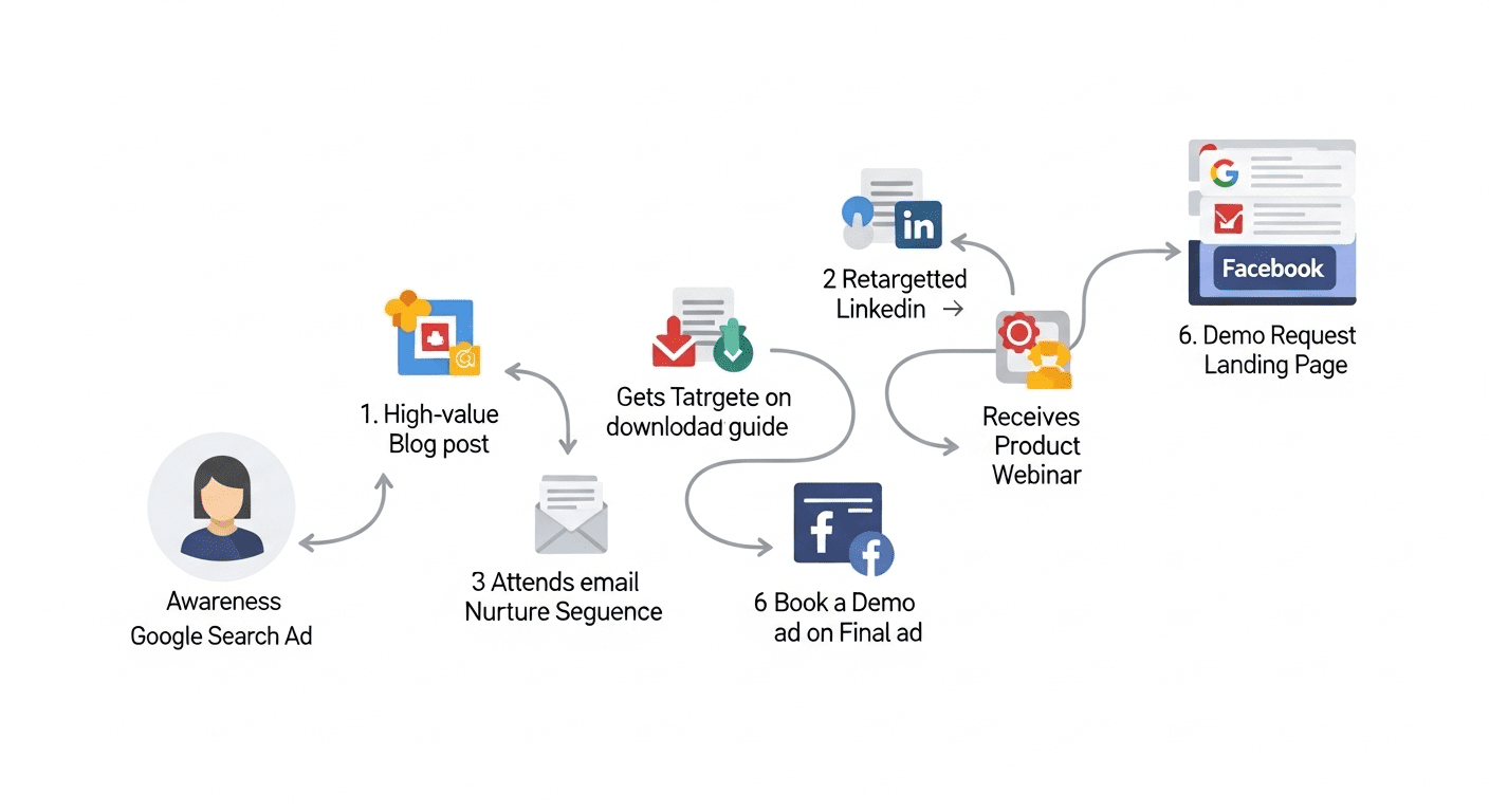 A diagram of the multi-touch SaaS buyer's journey, starting from an initial ad click and moving through various touchpoints like content downloads, webinars, and retargeting before a final conversion.